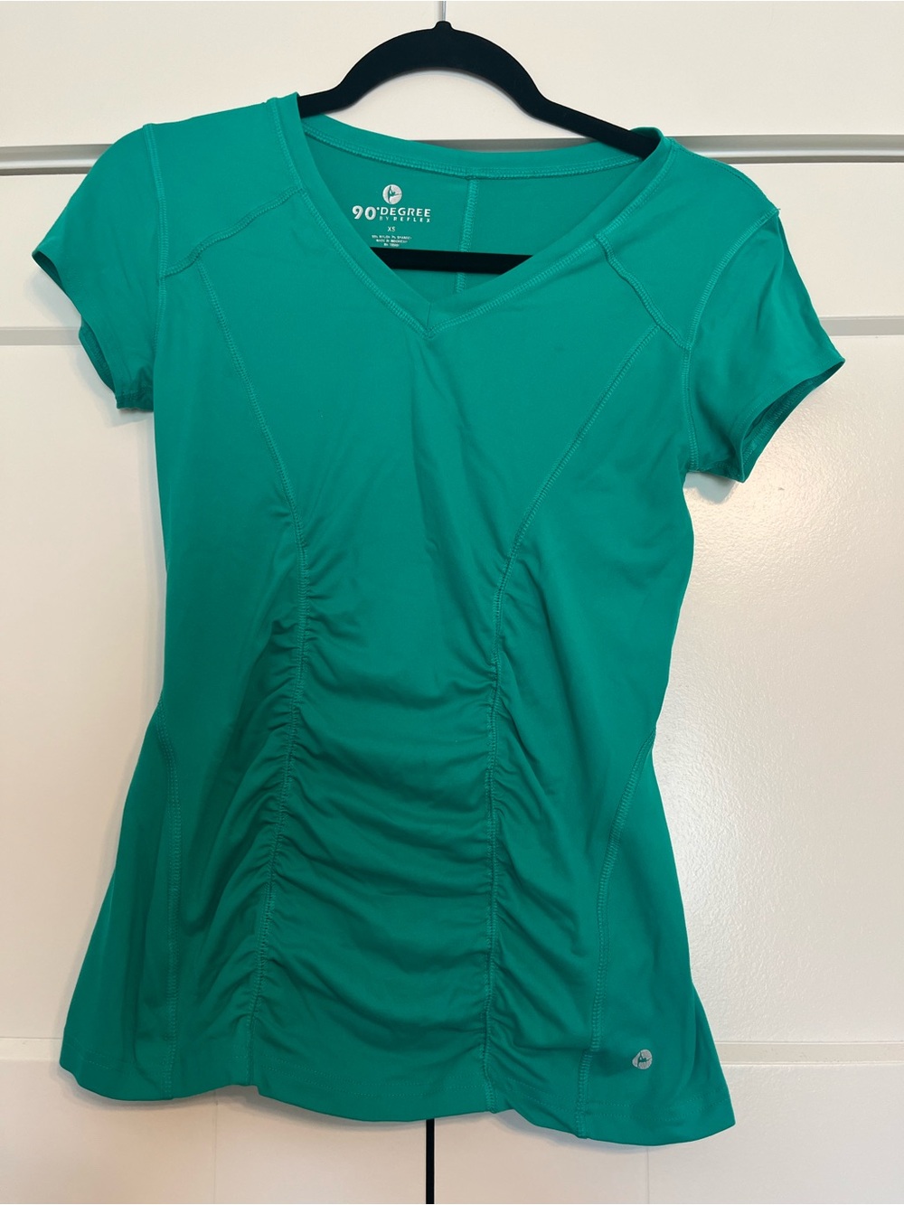 90 Degree By Reflex Teal V-Neck Short Sleeve Ruched Top